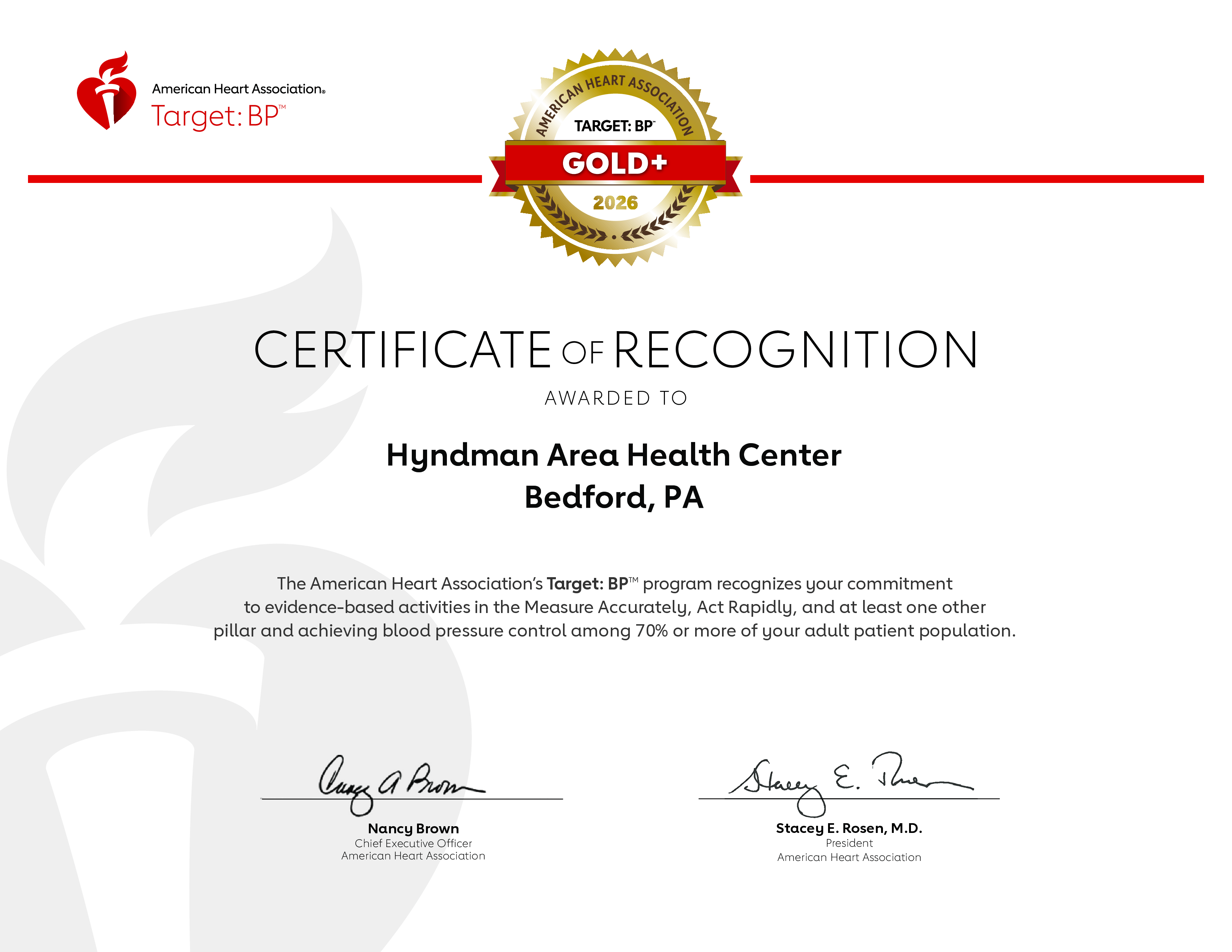 2026 American Heart Association Target: BP Gold+ Certificate of Recognition awarded to Hyndman Area Health Center, Bedford, PA